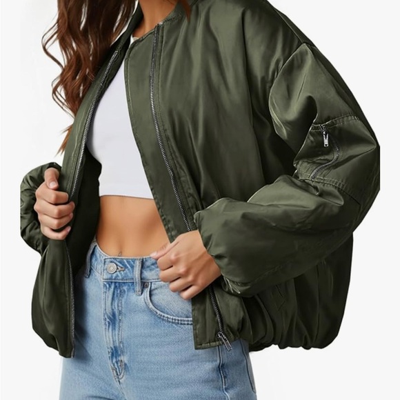 Olive Green Bomber Jacket with Front Zip - Picture 2 of 2